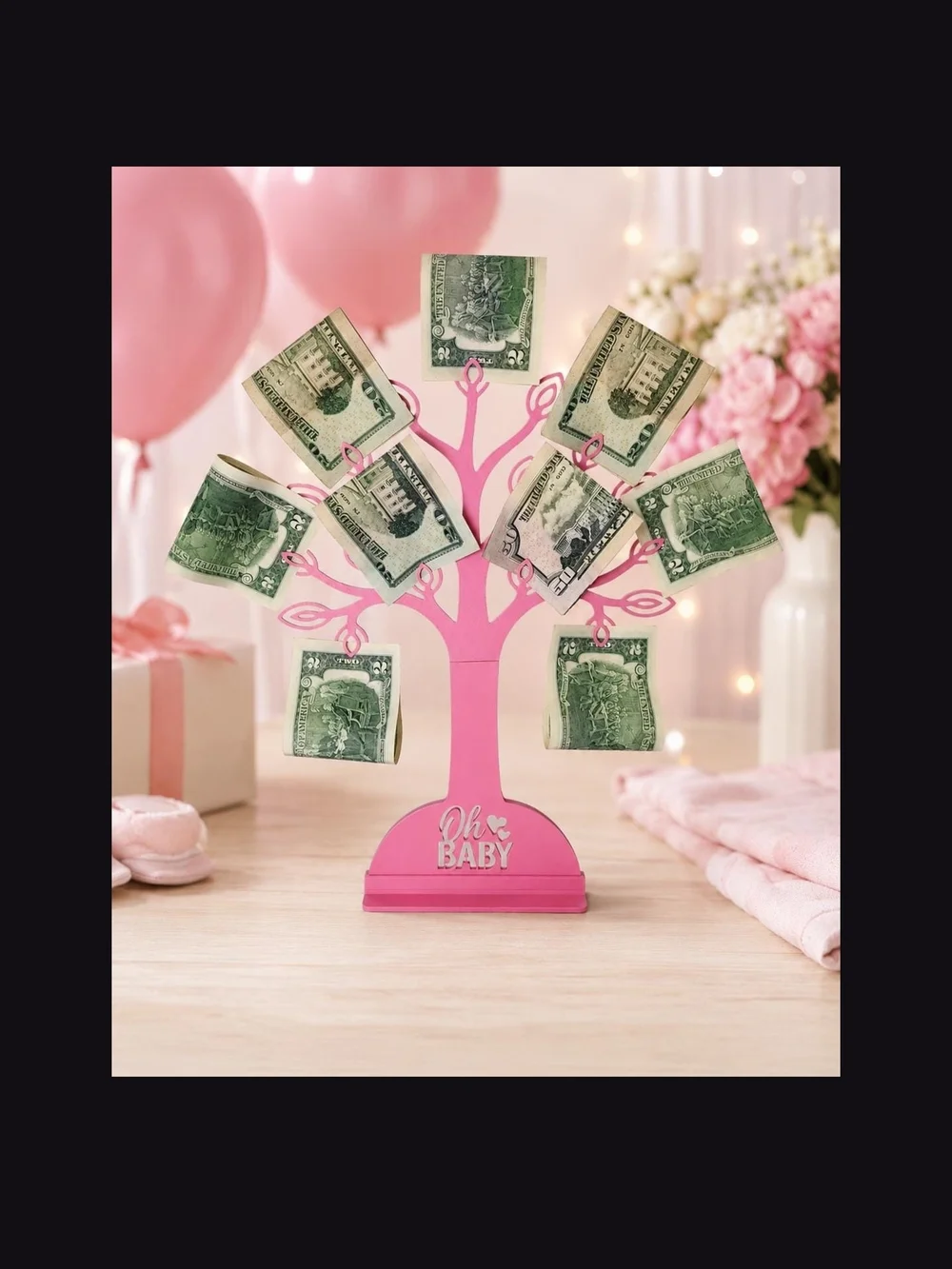 Pink Money Tree Card & Cash Holder for Baby Shower
